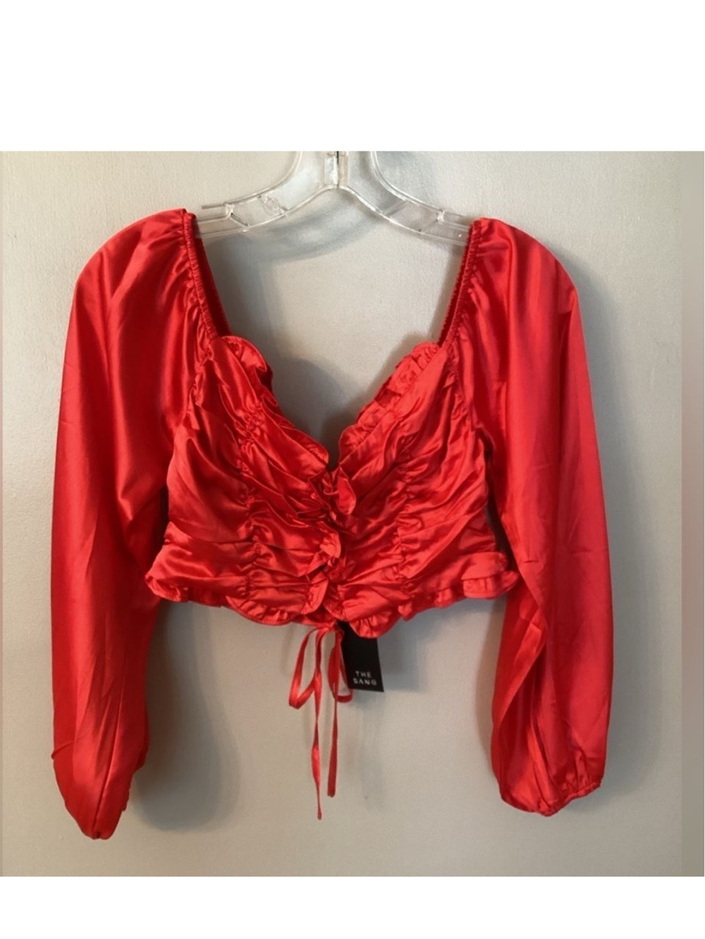 THE SANG NWT SIZE LARGE RED SATIN LACE UP FRONT LONG SLEEVE CROP TOP